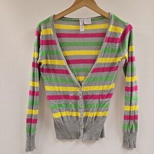 D C Long Sleeve Button Up Cardigan Sweater Women Size Large Striped Multicolor